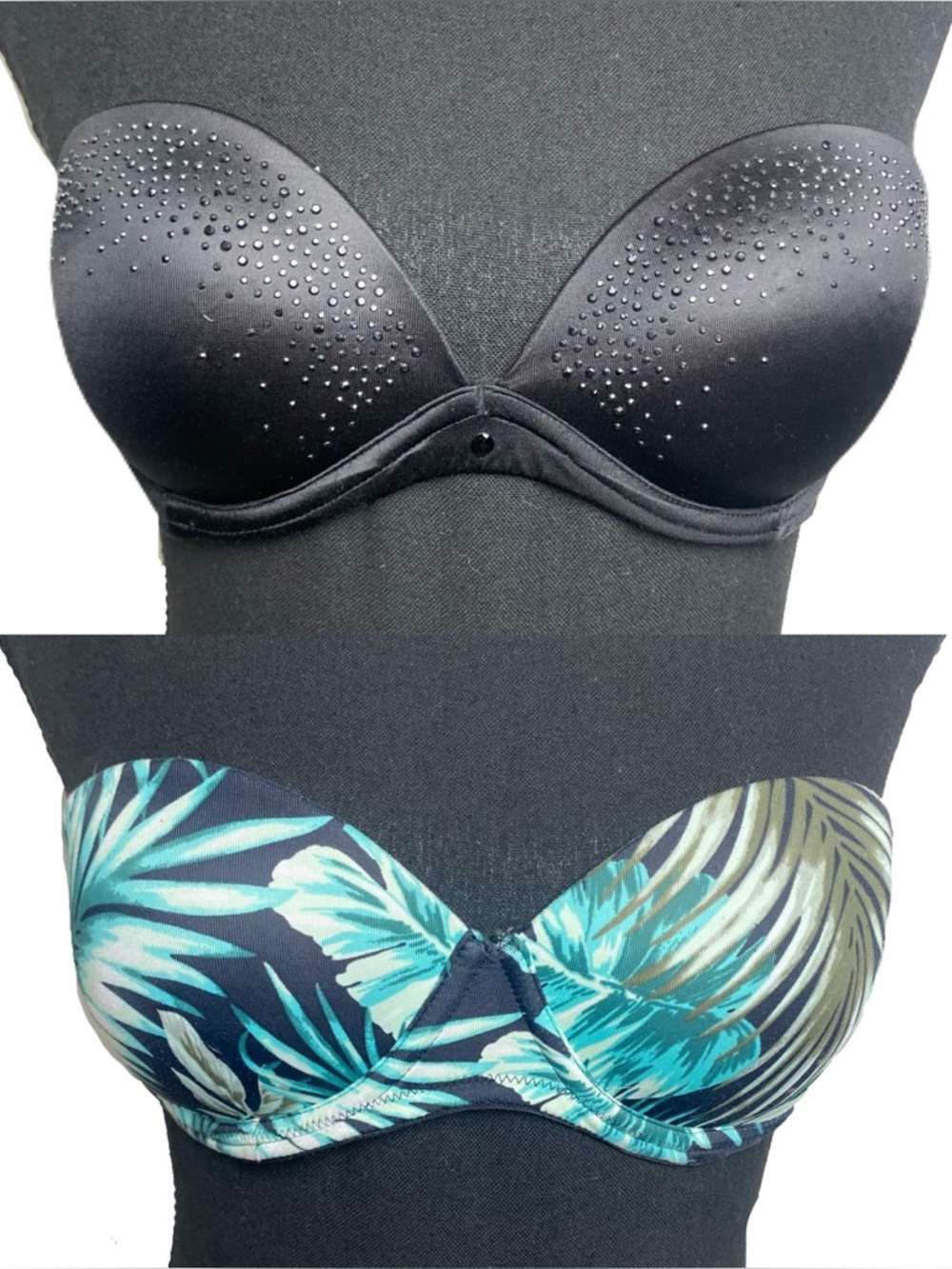 Lot Of 2 Victoria’s Secret/ PINK Strapless Black & Tropical Print Bras 32B